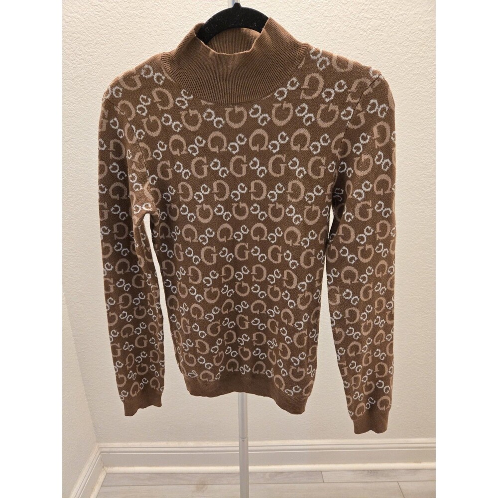 Guess XL Brown Monogram G Logo Mock Neck Long Sleeve Sweater Women Stretch Knit